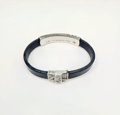 David Yurman Waves ID Bracelet Black Leather Sterling Silver 11.5mm Large