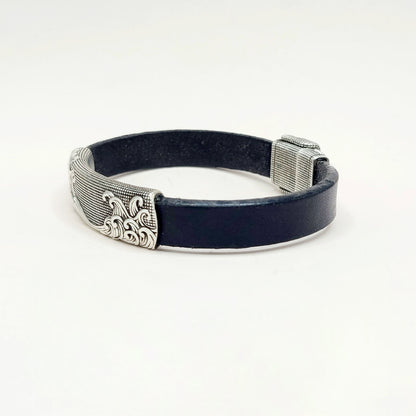 David Yurman Waves ID Bracelet Black Leather Sterling Silver 11.5mm Large