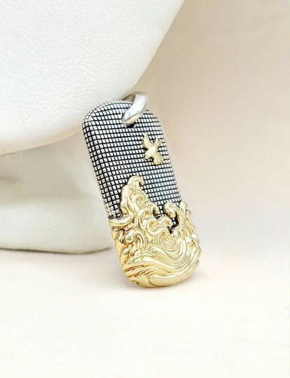 David Yurman Waves Tag Pendant Sterling Silver 18K Gold 35mm