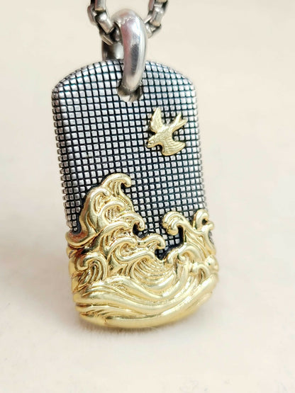 David Yurman Waves Tag Pendant Sterling Silver 18K Gold 35mm