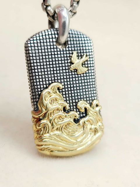 David Yurman Waves Tag Pendant Sterling Silver 18K Gold 35mm