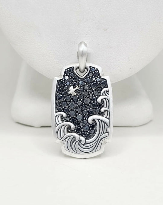 David Yurman Waves Tag Pendant With Pave Black Diamonds In Sterling Silver