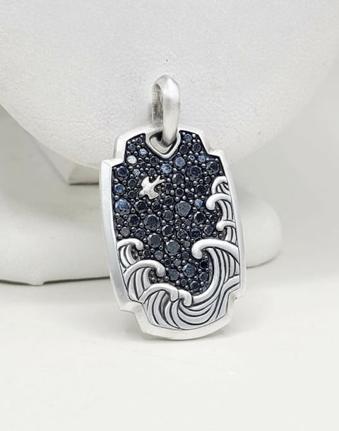 David Yurman Waves Tag Pendant With Pave Black Diamonds In Sterling Silver