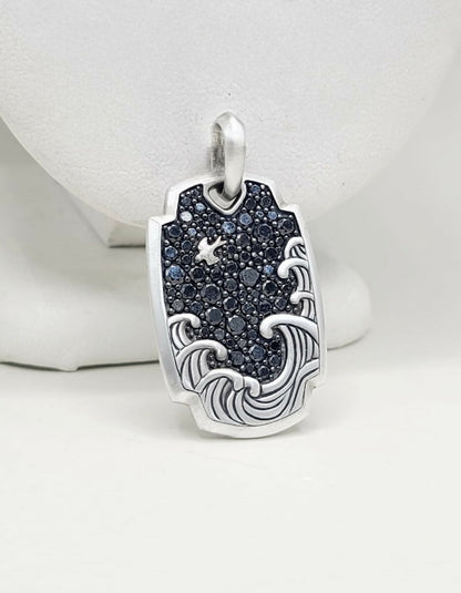 David Yurman Waves Tag Pendant With Pave Black Diamonds In Sterling Silver