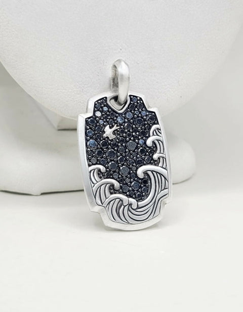 David Yurman Waves Tag Pendant With Pave Black Diamonds In Sterling Silver