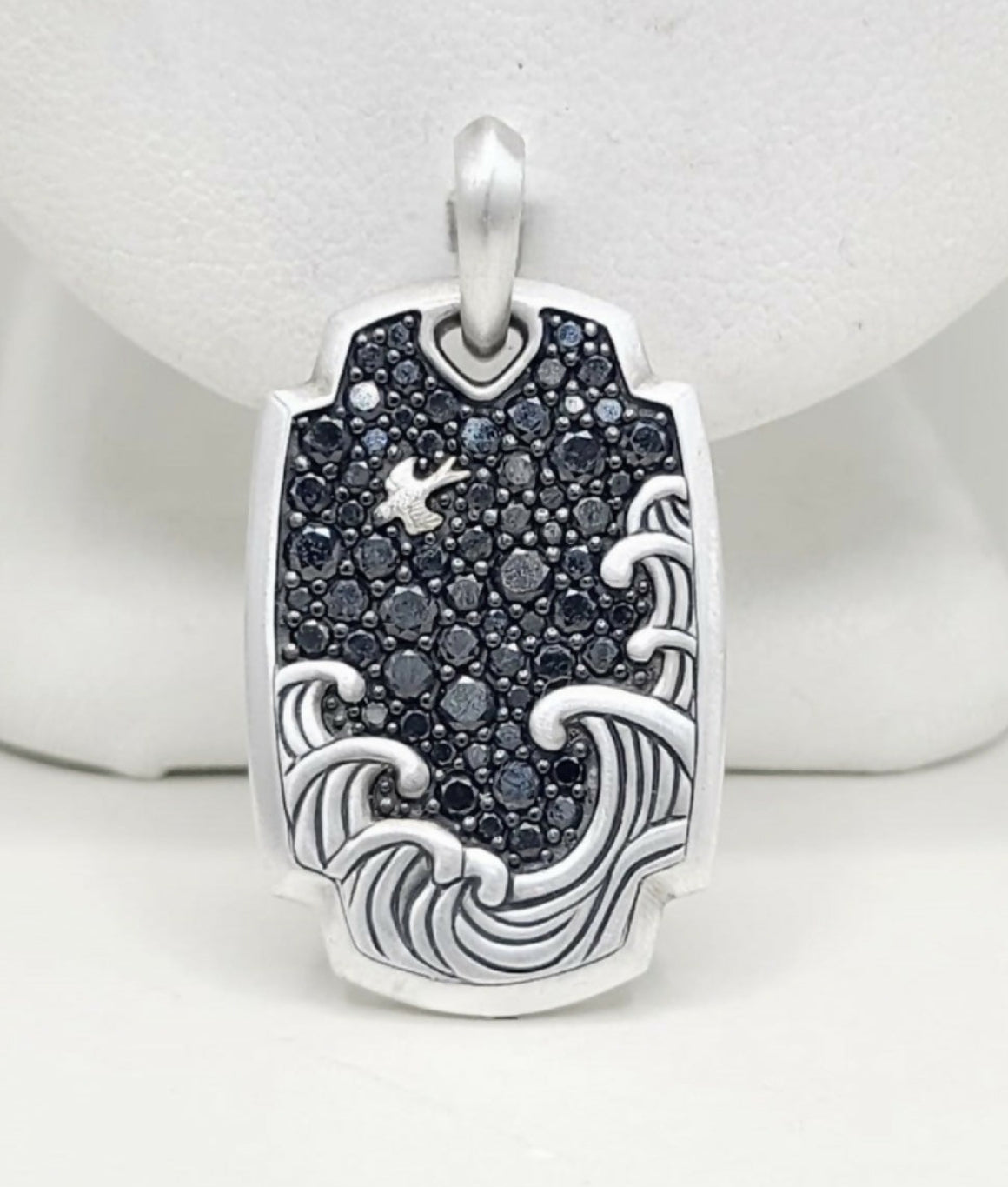 David Yurman Waves Tag Pendant With Pave Black Diamonds In Sterling Silver