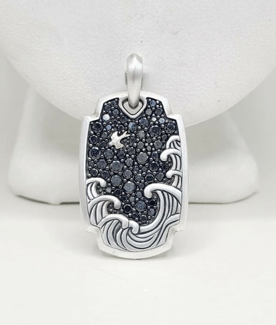 David Yurman Waves Tag Pendant With Pave Black Diamonds In Sterling Silver