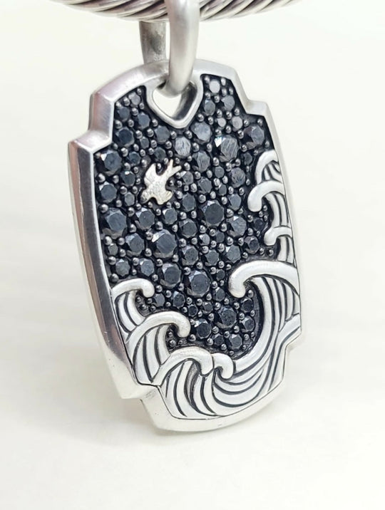 David Yurman Waves Tag Pendant With Pave Black Diamonds In Sterling Silver