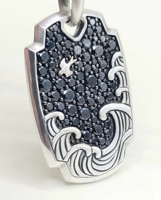 David Yurman Waves Tag Pendant With Pave Black Diamonds In Sterling Silver