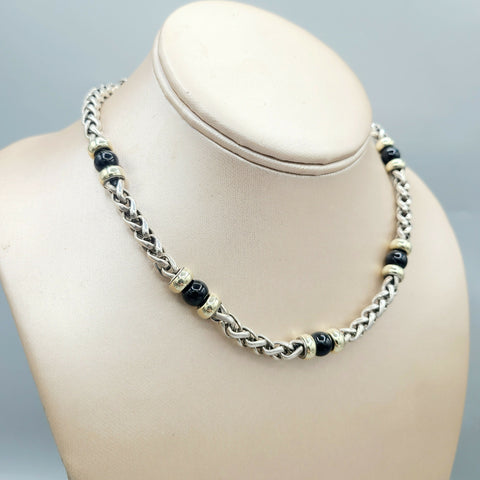  David Yurman Wheat Chain Black Onyx Gold Station Necklace