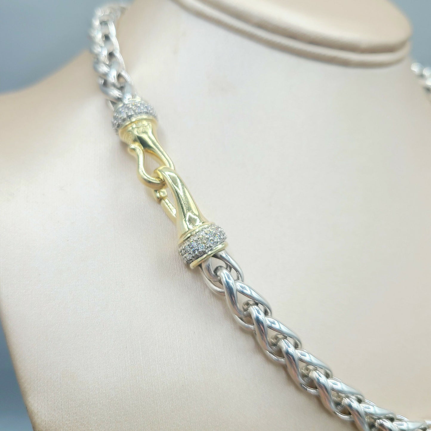  David Yurman Wheat Chain Diamond Gold Necklace, 8mm