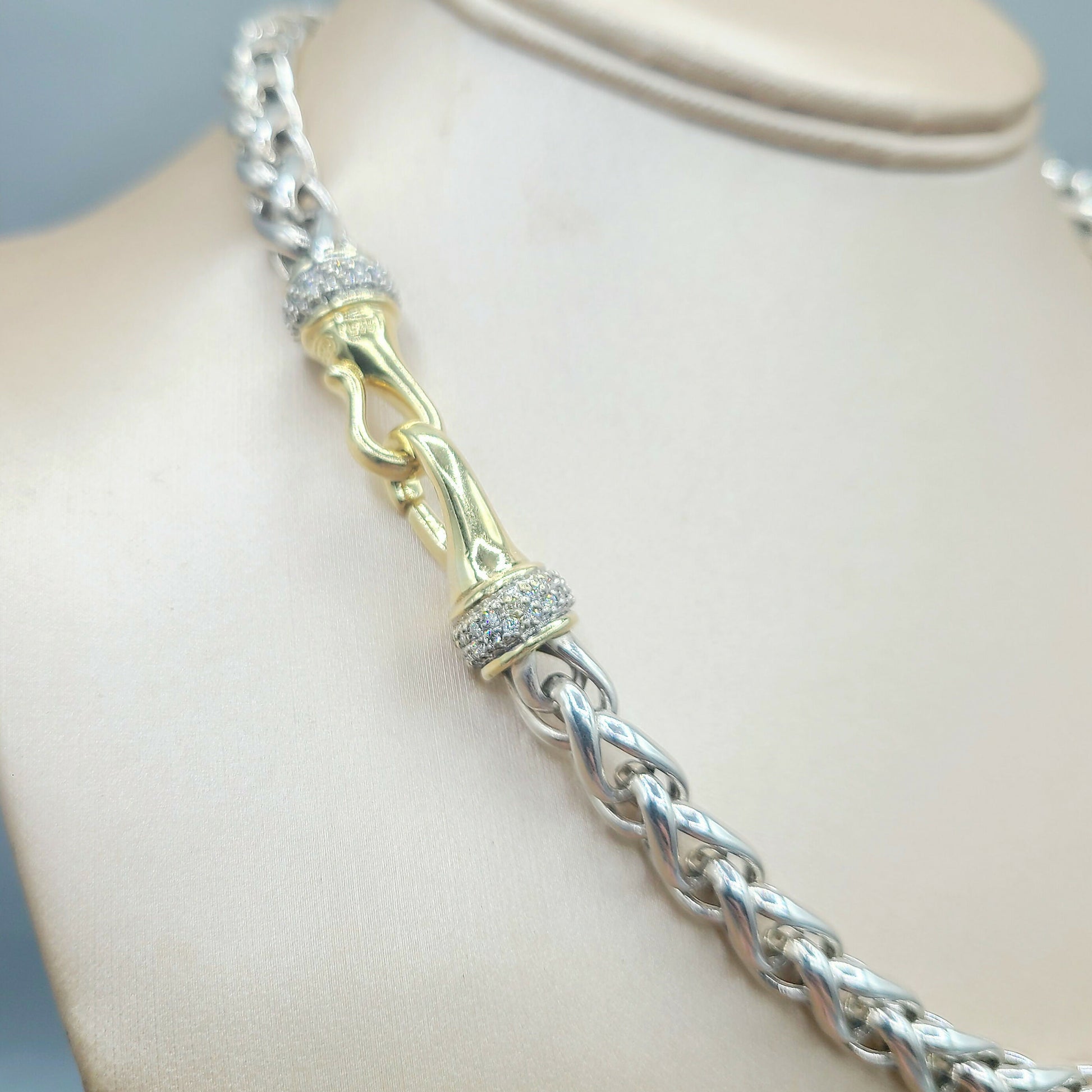  David Yurman Wheat Chain Diamond Gold Necklace, 8mm