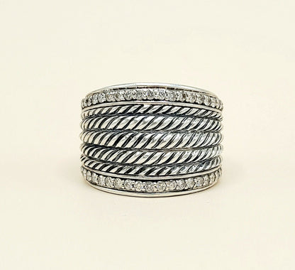 David Yurman Wheaton Diamond Band Ring Sterling Silver 0.49 TCW 17mm Size 7