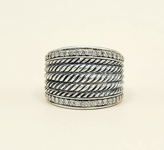 David Yurman Wheaton Diamond Band Ring Sterling Silver 0.49 TCW 17mm Size 7