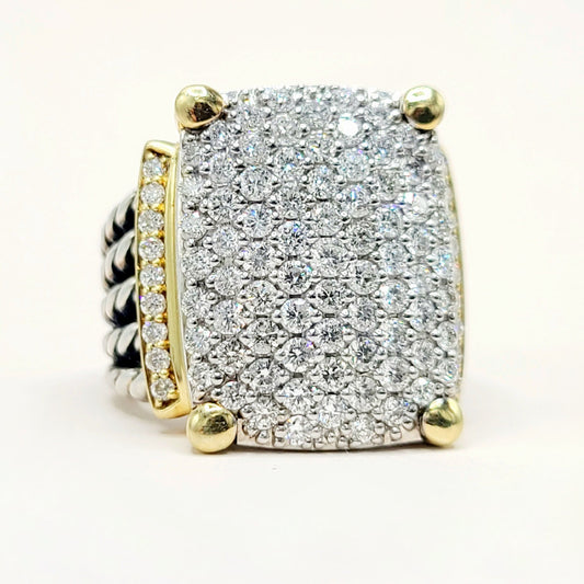 David Yurman Wheaton Pavé Diamond Ring Sterling Silver 18K Gold 2.06 TCW Size 6.5