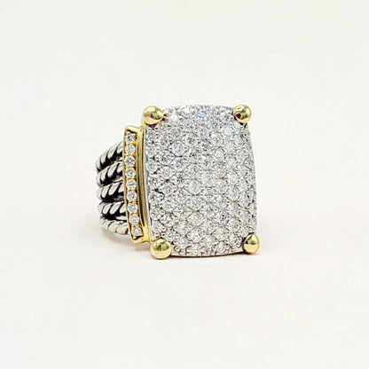 David Yurman Wheaton Pavé Diamond Ring Sterling Silver 18K Gold 2.06 TCW Size 6.5