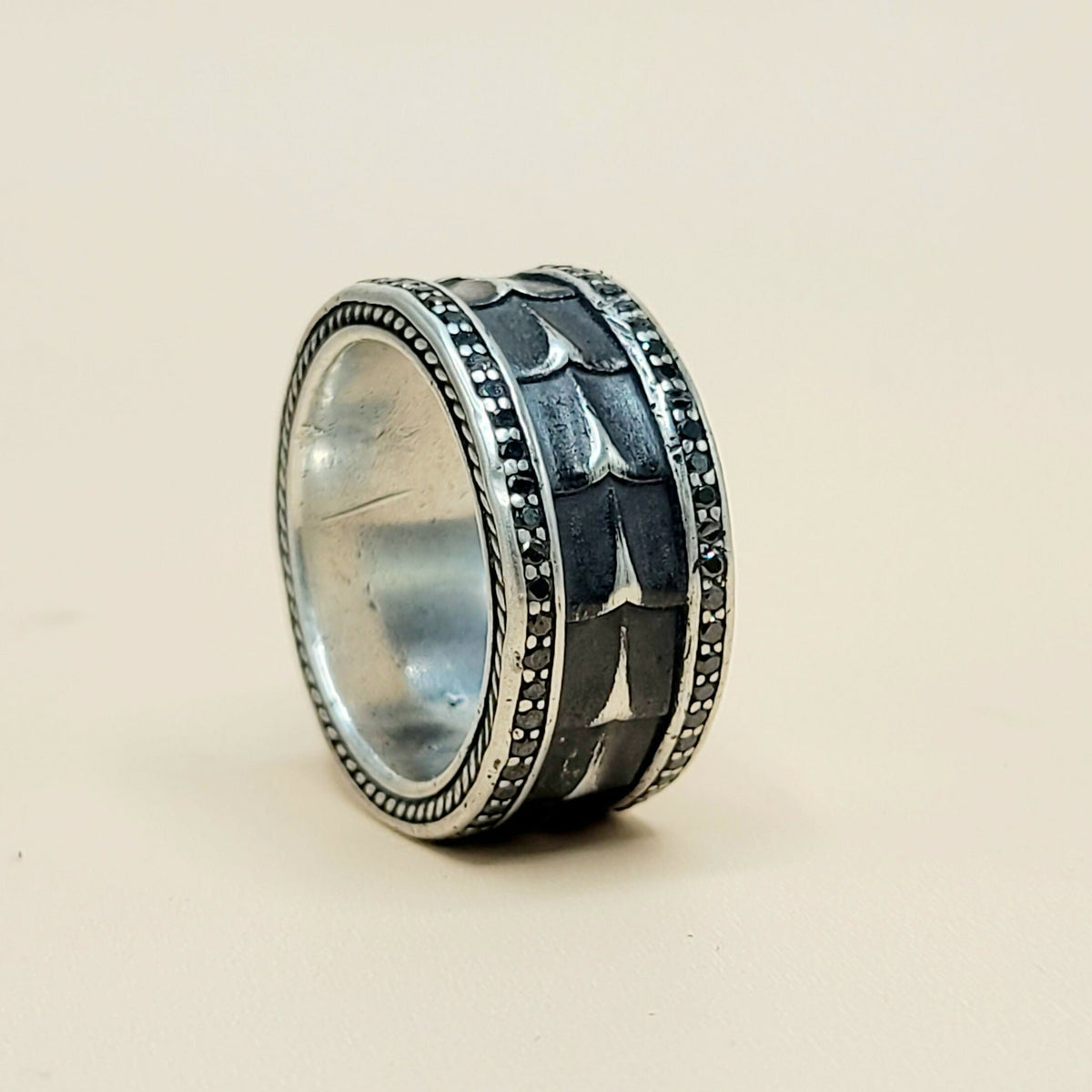 David Yurman Wide Armory Black Diamond Band Ring Sterling Silver 0.75 TCW 12mm