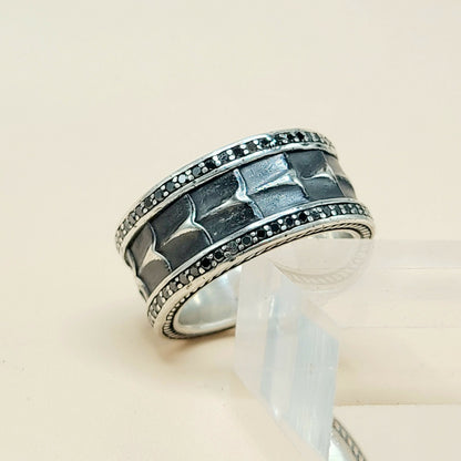 David Yurman Wide Armory Black Diamond Band Ring Sterling Silver 0.75 TCW 12mm