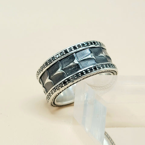 David Yurman Wide Armory Black Diamond Band Ring Sterling Silver 0.75 TCW 12mm
