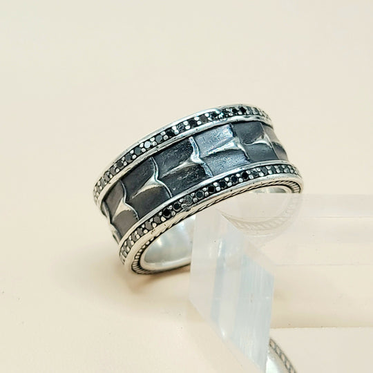 David Yurman Wide Armory Black Diamond Band Ring Sterling Silver 0.75 TCW 12mm