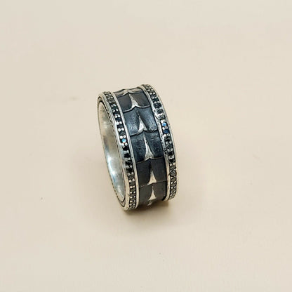 David Yurman Wide Armory Black Diamond Band Ring Sterling Silver 0.75 TCW 12mm