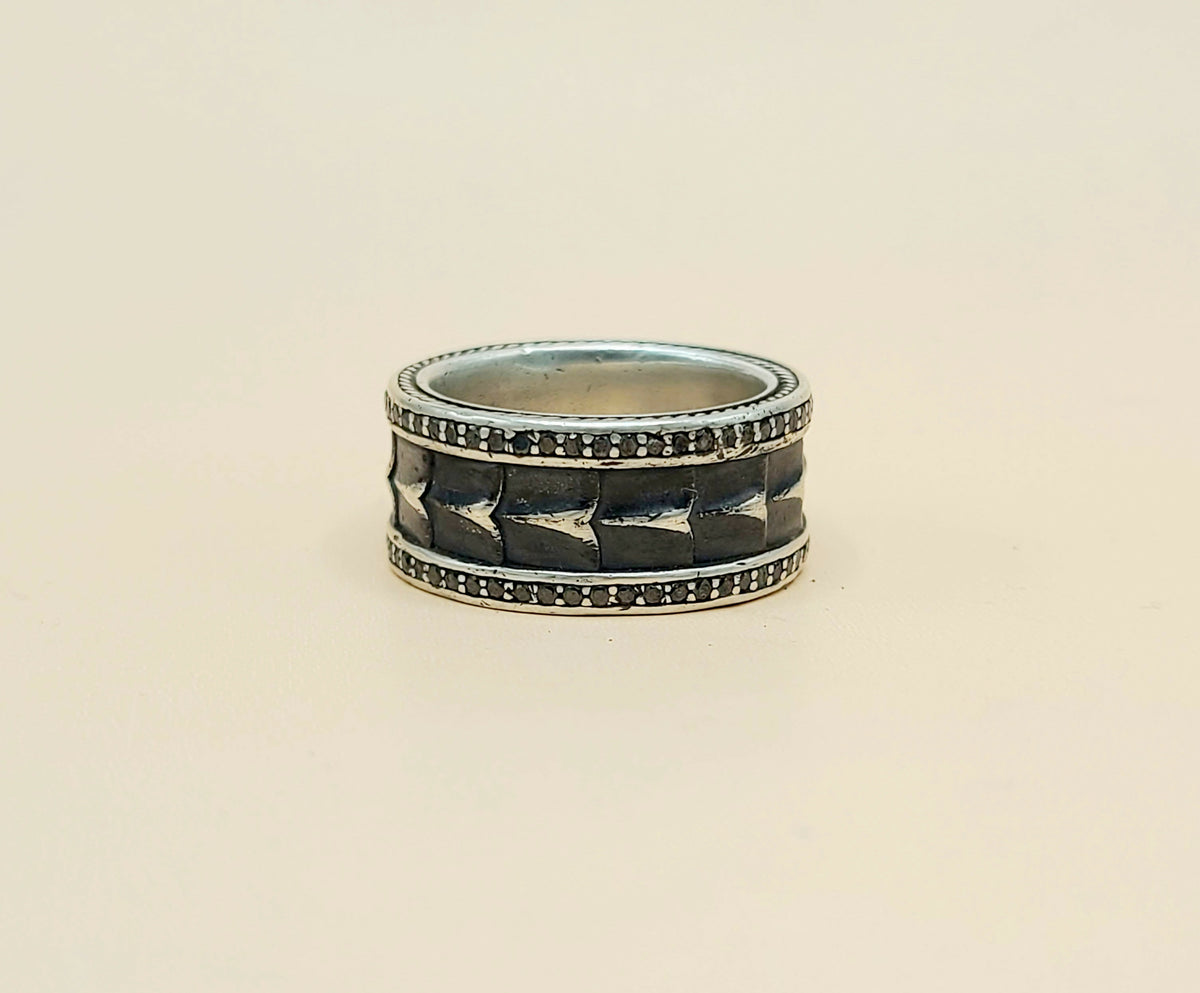 David Yurman Wide Armory Black Diamond Band Ring Sterling Silver 0.75 TCW 12mm