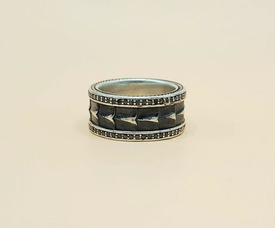 David Yurman Wide Armory Black Diamond Band Ring Sterling Silver 0.75 TCW 12mm