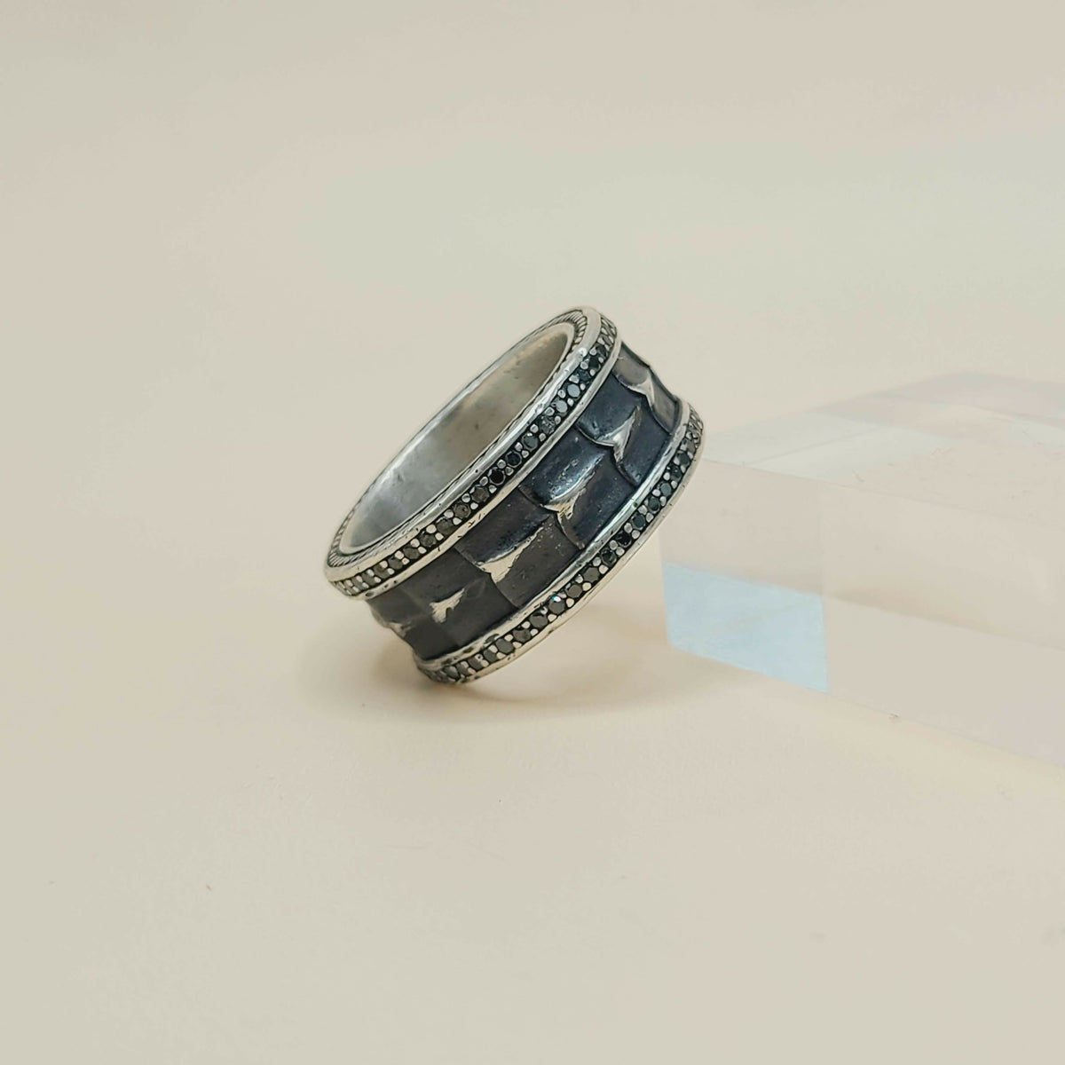 David Yurman Wide Armory Black Diamond Band Ring Sterling Silver 0.75 TCW 12mm