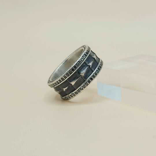 David Yurman Wide Armory Black Diamond Band Ring Sterling Silver 0.75 TCW 12mm