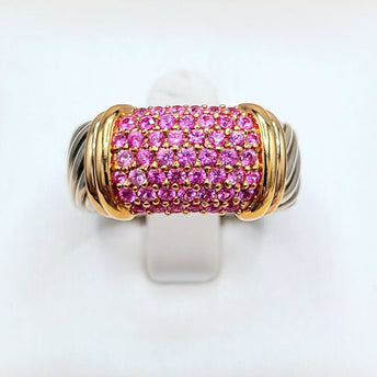 David Yurman Wide Metro Pink Sapphire Band Ring Sterling Silver 18K Rose Gold 10.5mm Size 7