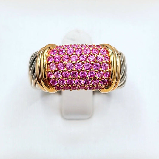David Yurman Wide Metro Pink Sapphire Band Ring Sterling Silver 18K Rose Gold 10.5mm Size 7