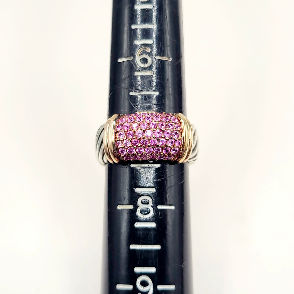 David Yurman Wide Metro Pink Sapphire Band Ring Sterling Silver 18K Rose Gold 10.5mm Size 7