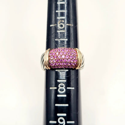 David Yurman Wide Metro Pink Sapphire Band Ring Sterling Silver 18K Rose Gold 10.5mm Size 7
