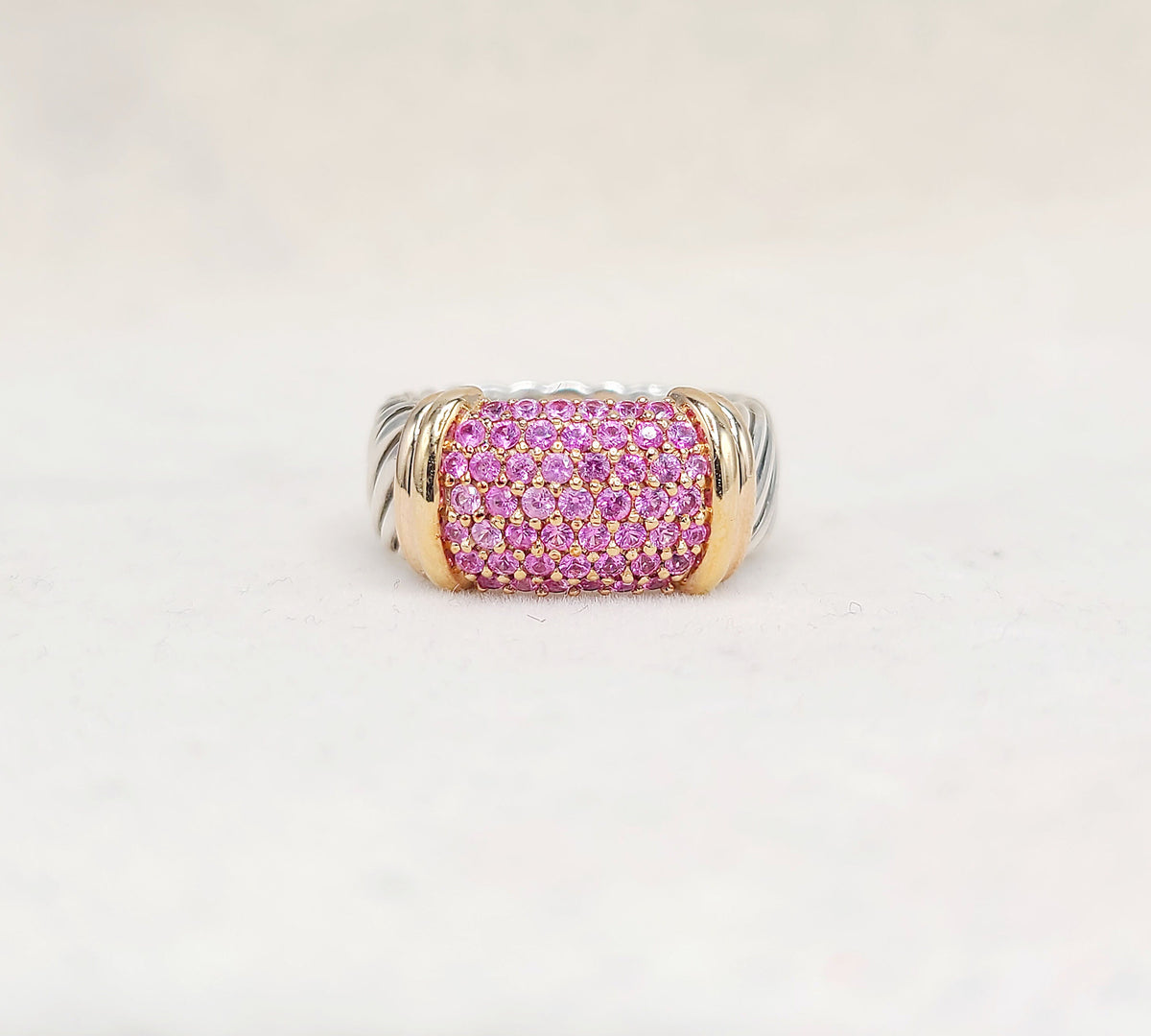 David Yurman Wide Metro Pink Sapphire Band Ring Sterling Silver 18K Rose Gold 10.5mm Size 7