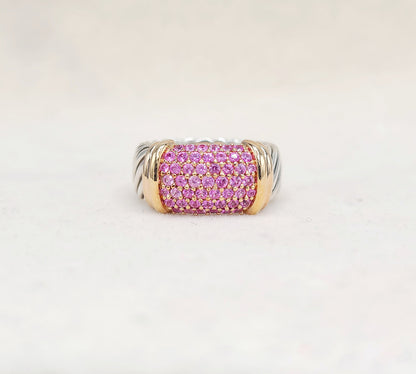 David Yurman Wide Metro Pink Sapphire Band Ring Sterling Silver 18K Rose Gold 10.5mm Size 7