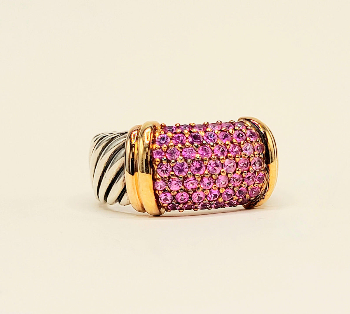David Yurman Wide Metro Pink Sapphire Band Ring Sterling Silver 18K Rose Gold 10.5mm Size 7