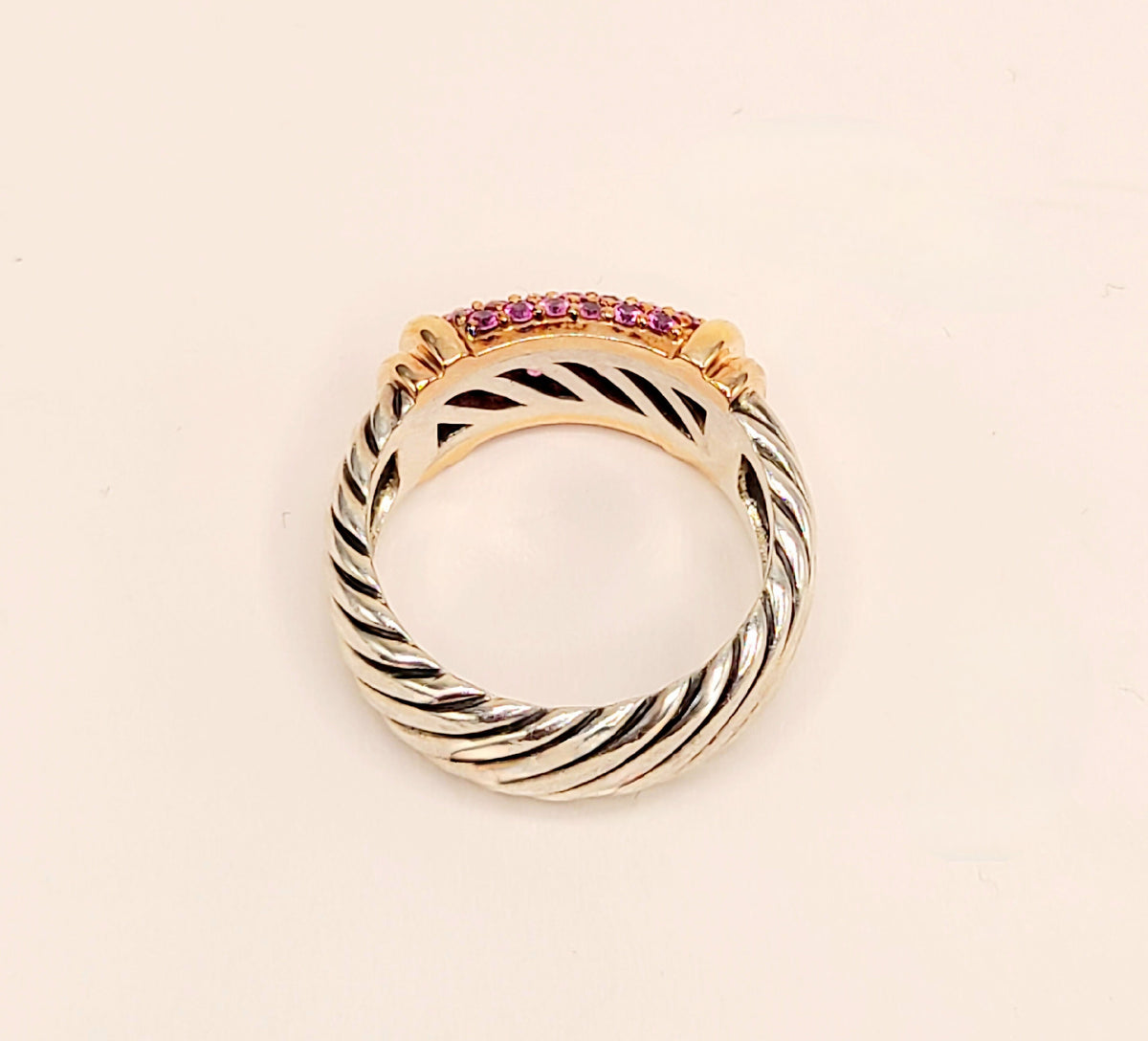 David Yurman Wide Metro Pink Sapphire Band Ring Sterling Silver 18K Rose Gold 10.5mm Size 7