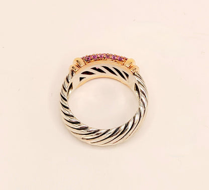 David Yurman Wide Metro Pink Sapphire Band Ring Sterling Silver 18K Rose Gold 10.5mm Size 7