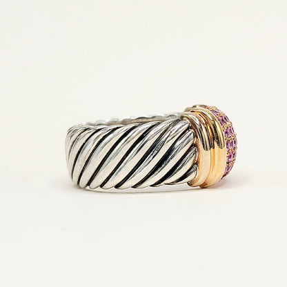 David Yurman Wide Metro Pink Sapphire Band Ring Sterling Silver 18K Rose Gold 10.5mm Size 7