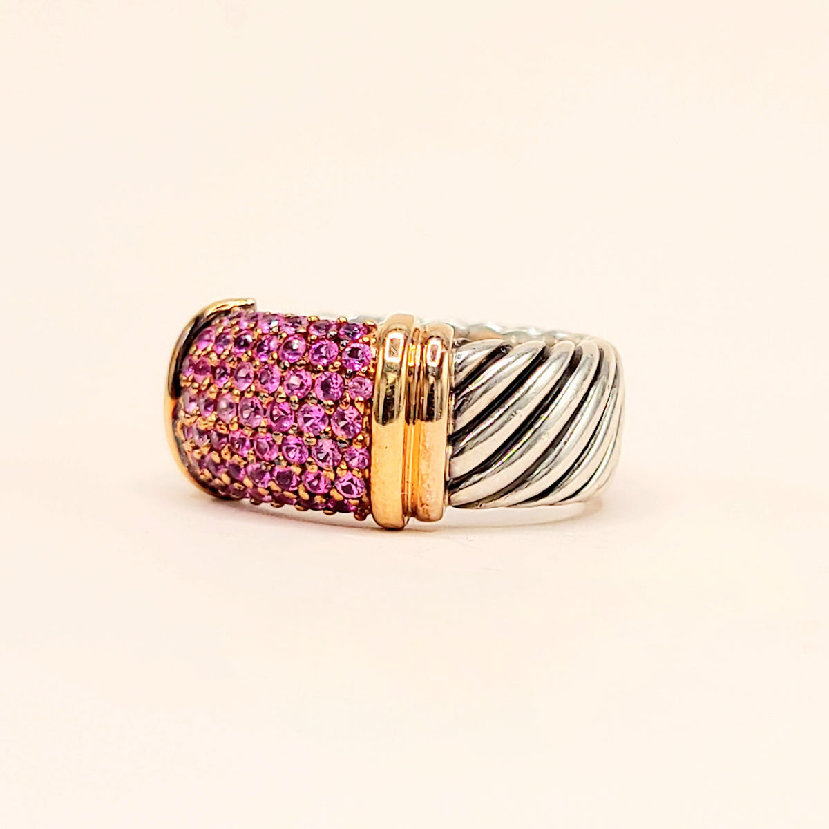 David Yurman Wide Metro Pink Sapphire Band Ring Sterling Silver 18K Rose Gold 10.5mm Size 7