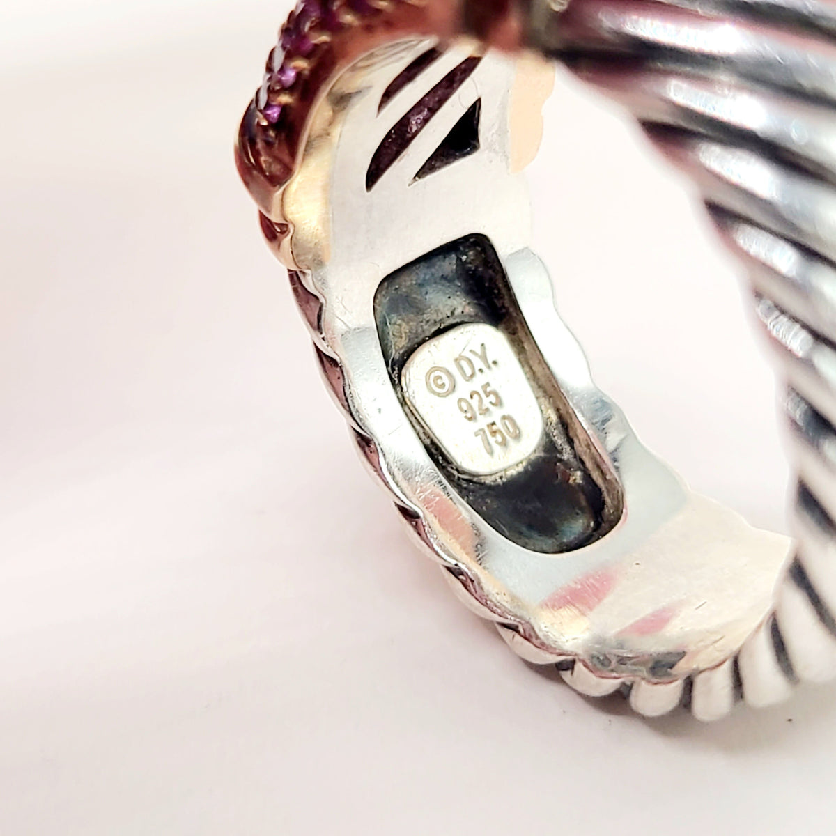 David Yurman Wide Metro Pink Sapphire Band Ring Sterling Silver 18K Rose Gold 10.5mm Size 7