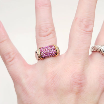 David Yurman Wide Metro Pink Sapphire Band Ring Sterling Silver 18K Rose Gold 10.5mm Size 7