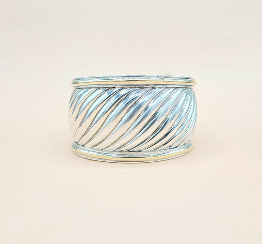  David Yurman Wide Sculpted Silver Gold Thoroughbred Cuff Bracelet