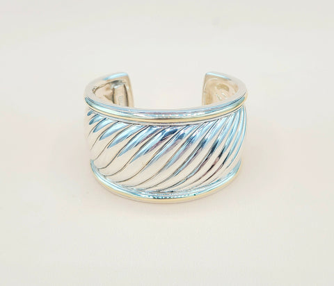  David Yurman Wide Sculpted Silver Gold Thoroughbred Cuff Bracelet