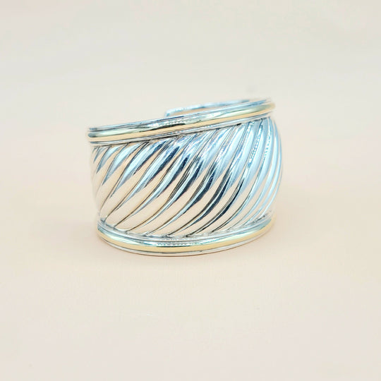  David Yurman Wide Sculpted Silver Gold Thoroughbred Cuff Bracelet