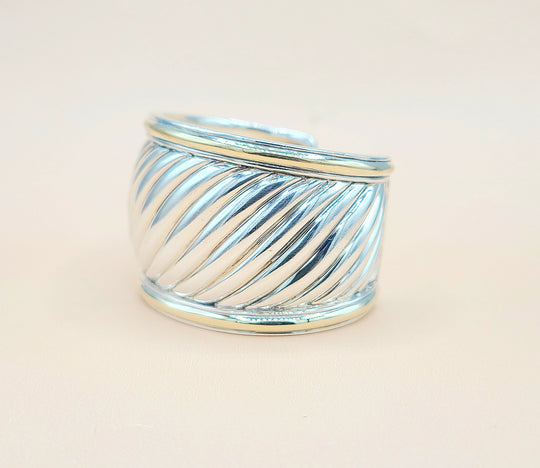  David Yurman Wide Sculpted Silver Gold Thoroughbred Cuff Bracelet