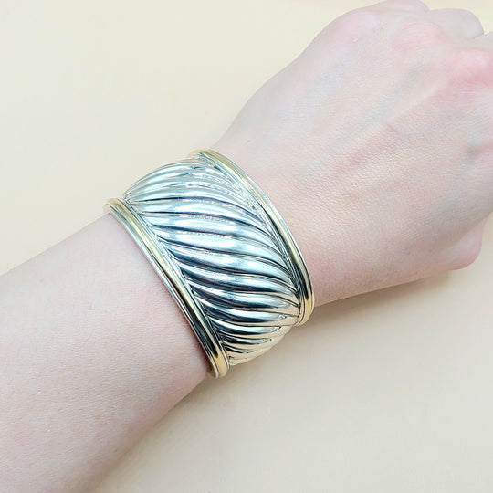  David Yurman Wide Sculpted Silver Gold Thoroughbred Cuff Bracelet