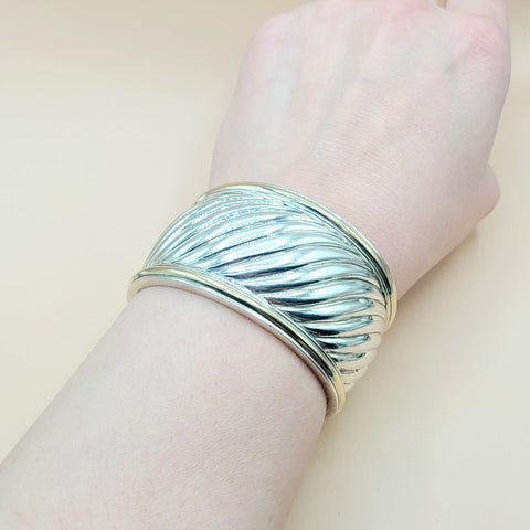  David Yurman Wide Sculpted Silver Gold Thoroughbred Cuff Bracelet