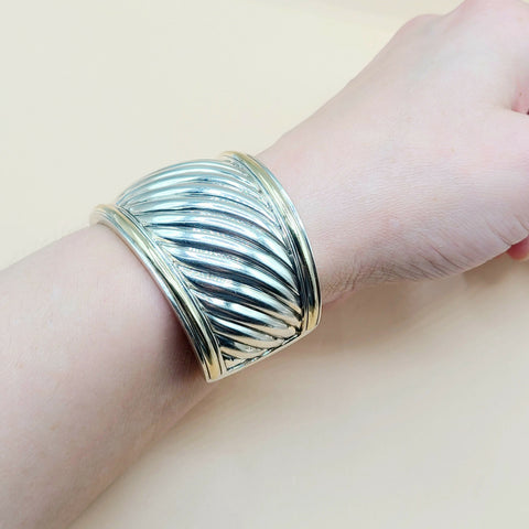  David Yurman Wide Sculpted Silver Gold Thoroughbred Cuff Bracelet