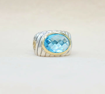 David Yurman Wide Silver & Gold Blue Topaz Hampton Cable Ring